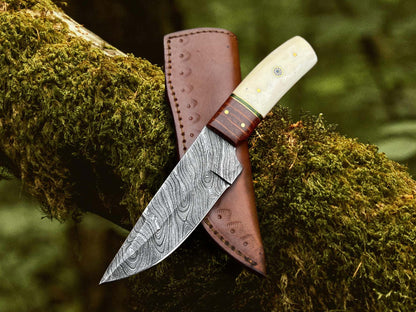 Damascus Steel Blade with Bone Handle for Hunting | Handmade Red Indian Knife